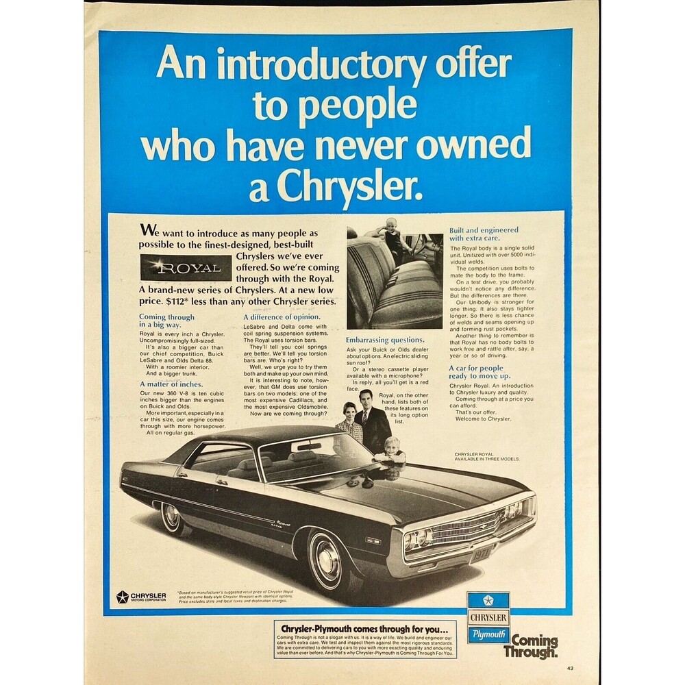 Chrysler Plymouth Royal "An Introductory Offer to People" Vintage Print Ad 1970